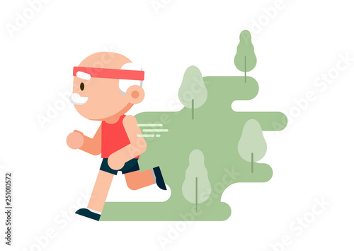 Elderly man running at park background, grandfather jogging, healthy lifestyle concept, vector illustration.