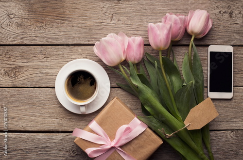Womens day morning - tulips, present and coffee