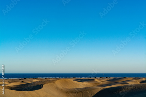 Landscape with yellow sandy dunes of Maspalomas and blue Atlantic ocean  Gran Canaria  Spain