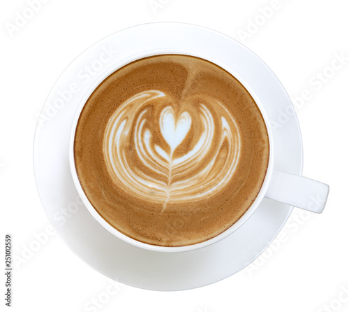 Hot coffee cappuccino latte art heart flower shape top view isolated on white background, clipping path included