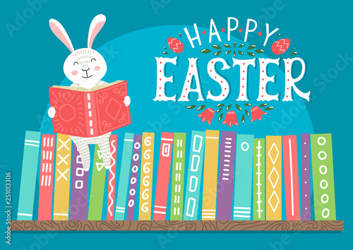 Happy Easter. Easter bunny reading book on bookshelf. 