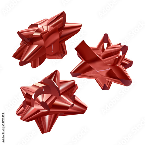 Set of red, festive bows in different angles on white background, vector illustration