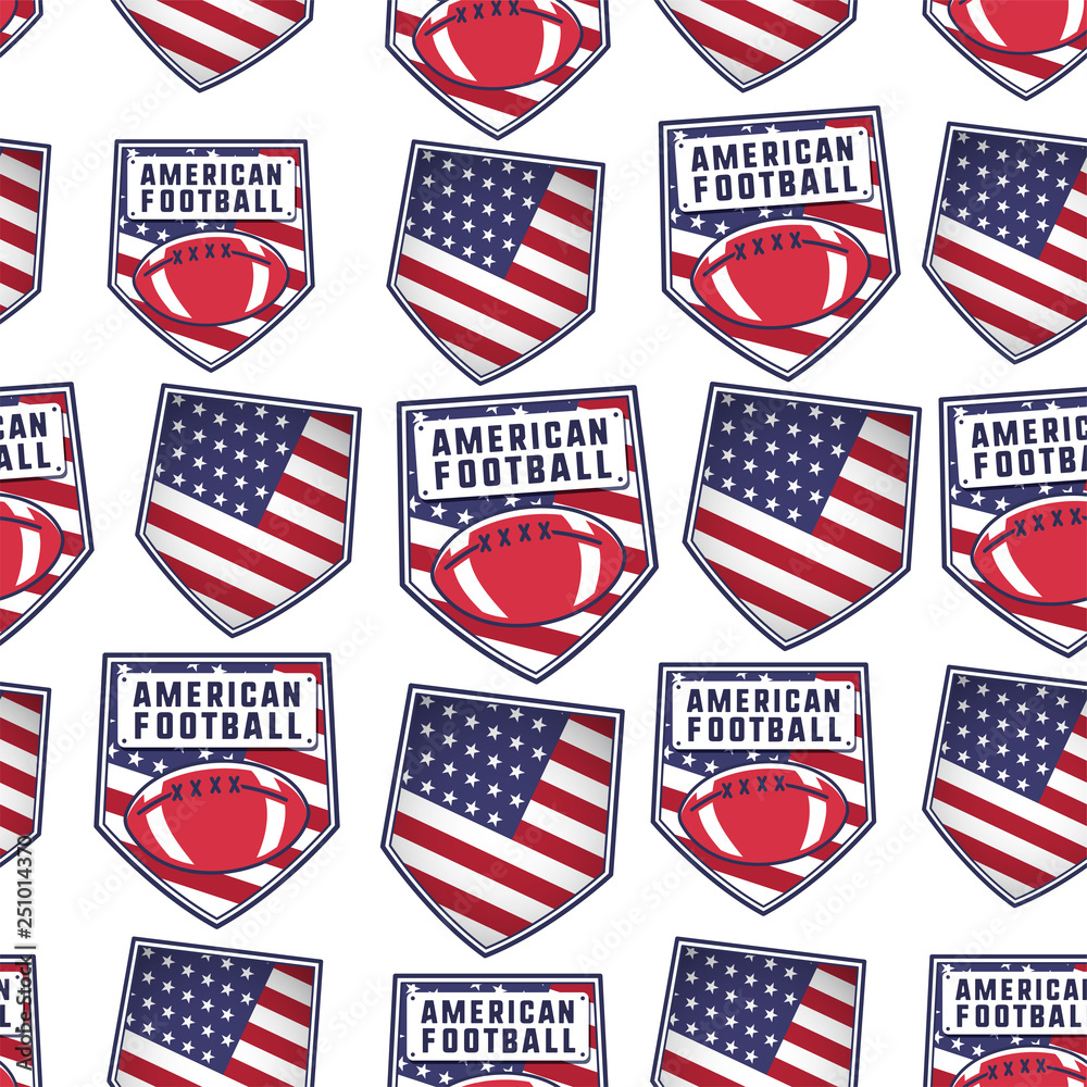 American football patch pattern design with USA flag, ball and typography elements. Rugby seamless background. Unusual sports wallpaper. Stock vector illustration American football patch pattern design with USA flag, ball and typography elements. Rugby seamless background. Unusual sports wallpaper. Stock vector illustration