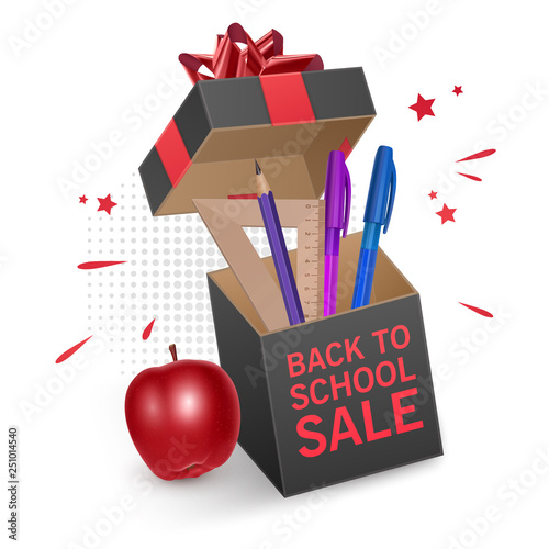 Back to school sale banner with black box decorated red bow  poster background with realistic school supplies. Special offer. Vector illustration