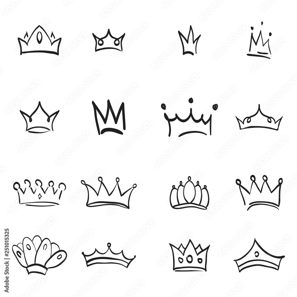 Fototapeta premium Vector crown logo. Hand drawn graffiti sketch and signs collections. Black brush line isolated on white background