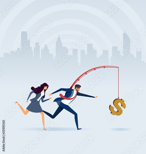 Business people chasing money on fishing rod