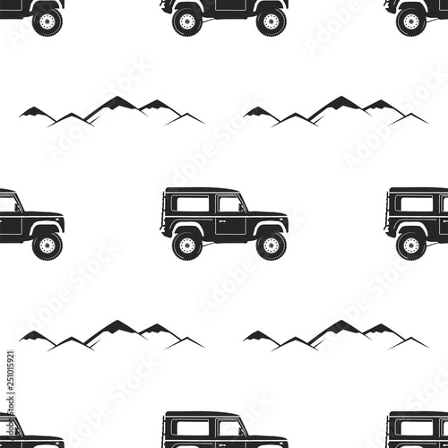 Camping Pattern Design - Adventure retro car and mountains symbols. Outdoors seamless background. Silhouette vintage style. Nice for camping adventure tee, apparel, packaging, prints. Stock vector