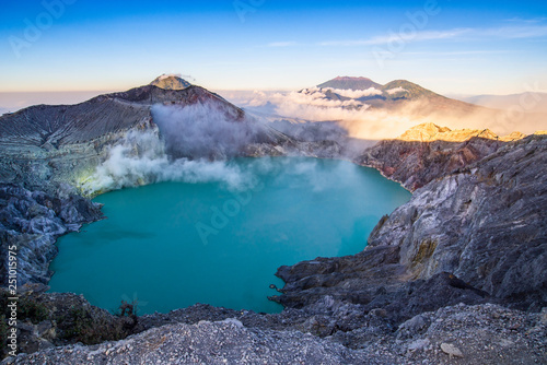 Beautiful sanrise of landscape view of Kawah Ijen volcano. one of most famous tourist attraction in Indonesia.