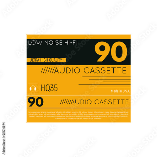 Retro style audio cassette three side cover. Back and sides of paper cover. Hi-fi cassette box fantasy 70-80s design.