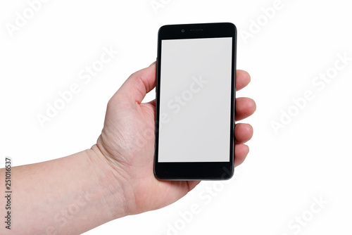 hand holding the black smartphone with blank screen and modern frame less design - isolated on white background.