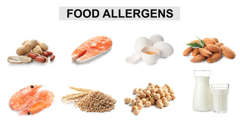 Set of different products causing food allergies on white background