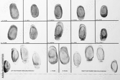 Police form with fingerprints, top view. Forensic examination