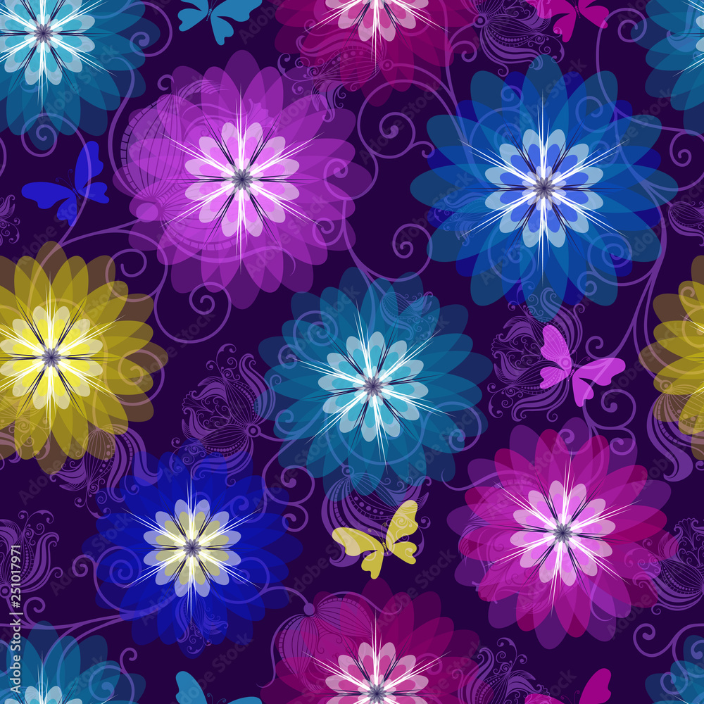 Spring purple seamless pattern with bright translucent flowers and butterflies Spring purple seamless pattern with bright translucent flowers and butterflies