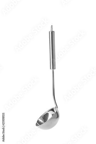 Stainless steel soup ladle on white background. Kitchen utensils
