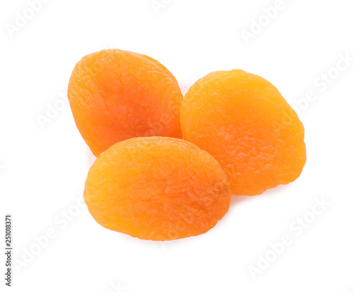 Tasty apricots on white background, top view. Dried fruit as healthy food