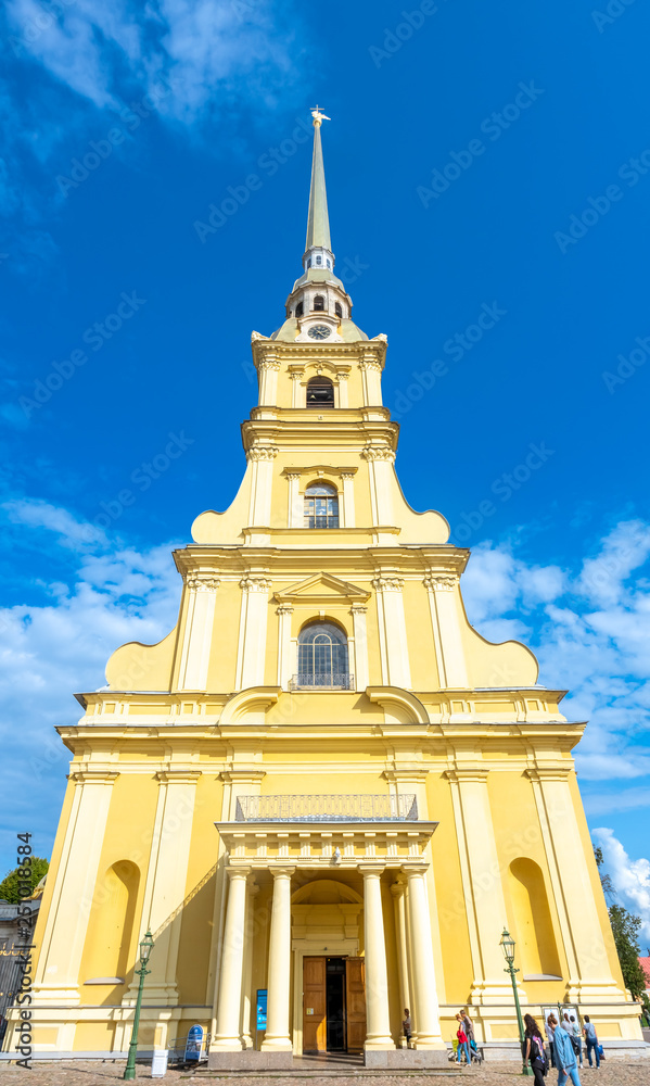 Saint Peter and Paul cathedral, the tallest bell tower in Orthodox church, located in St.Peter&Paul fortress in Saint Petersburg, Russia, under cloudy blue sky Saint Peter and Paul cathedral, the tallest bell tower in Orthodox church, located in St.Peter&Paul fortress in Saint Petersburg, Russia, under cloudy blue sky