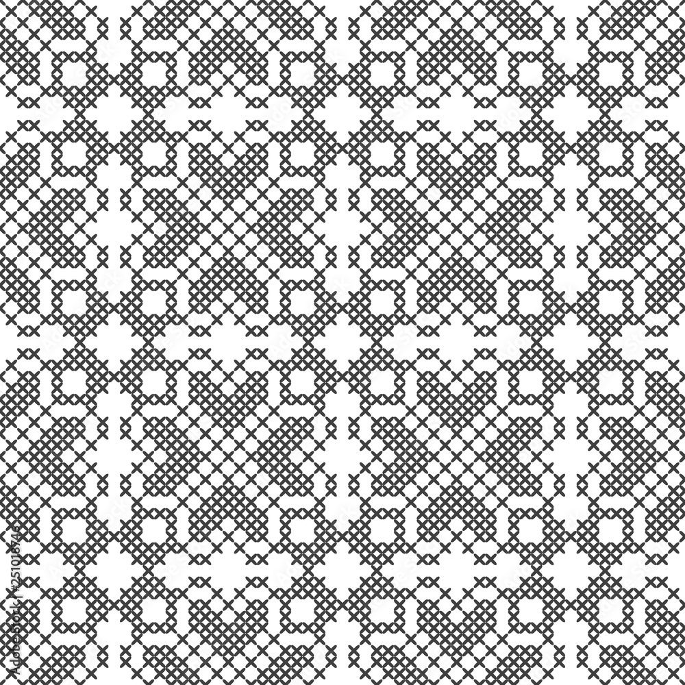 Fototapeta premium Cross stitch. Black and white seamless pattern. Embroidery, knitting. Abstract geometric background. Ethnic ornaments.