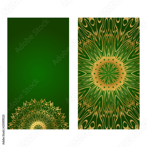 The Front And Rear Side. Mandala Design Elements. Wedding Invitation, Thank You Card, Save Card, Baby Shower. Vector Illustration. Green gold color