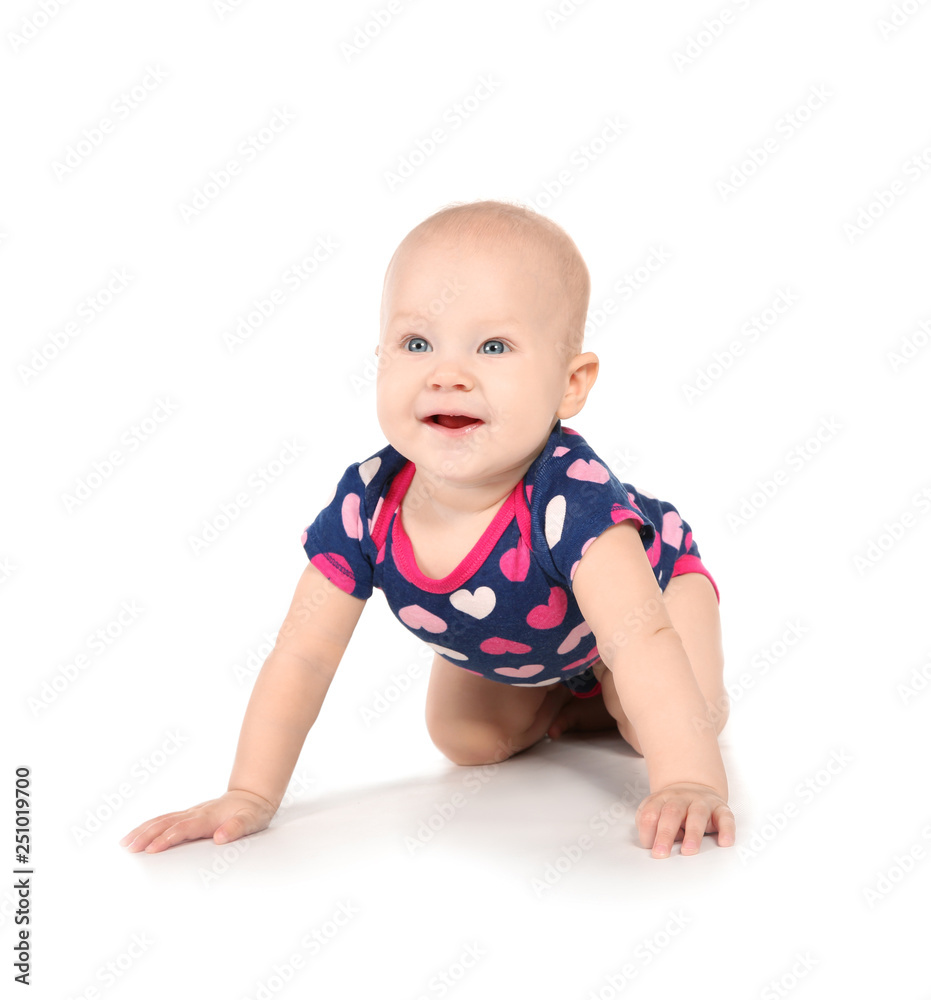 Cute little baby crawling on white background