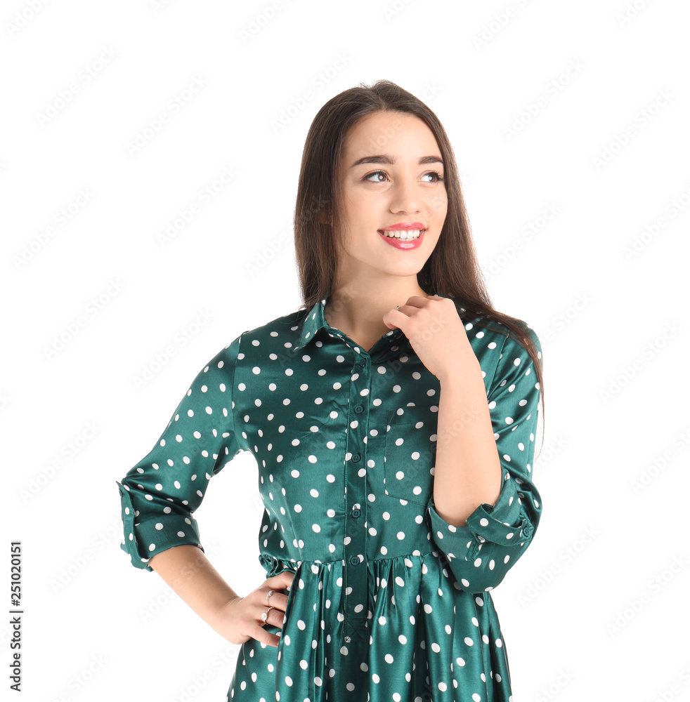 Portrait of beautiful young woman in stylish dress on white background Portrait of beautiful young woman in stylish dress on white background