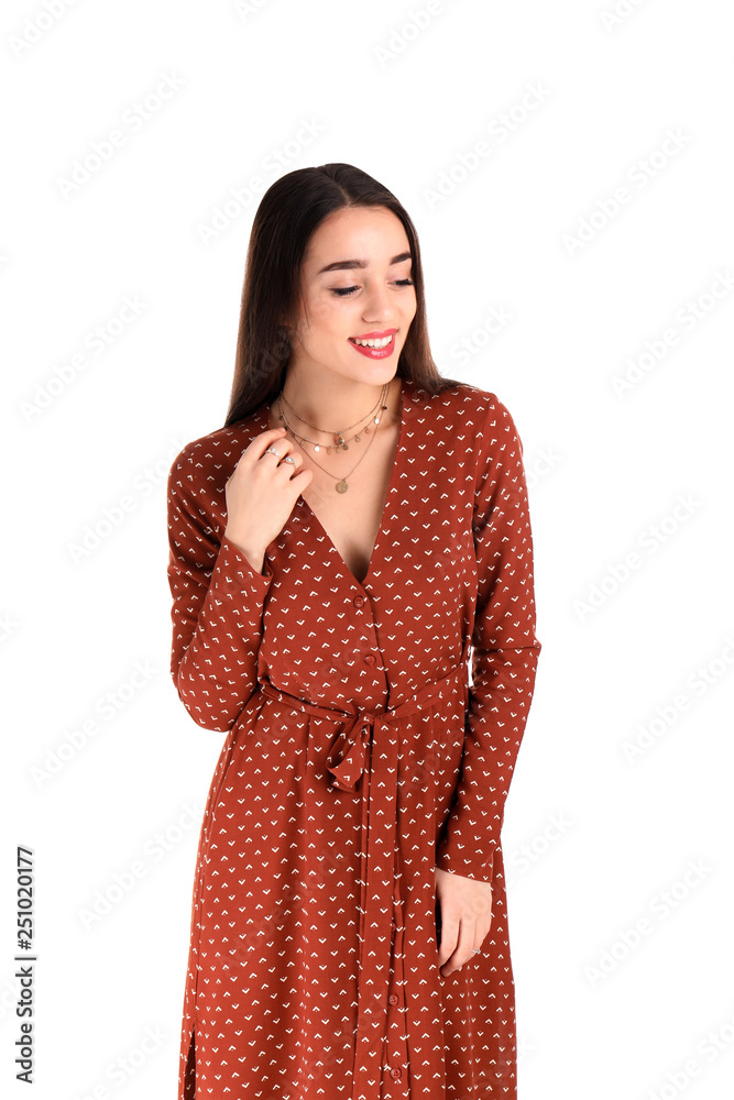 Portrait of beautiful young woman in stylish dress on white background Portrait of beautiful young woman in stylish dress on white background