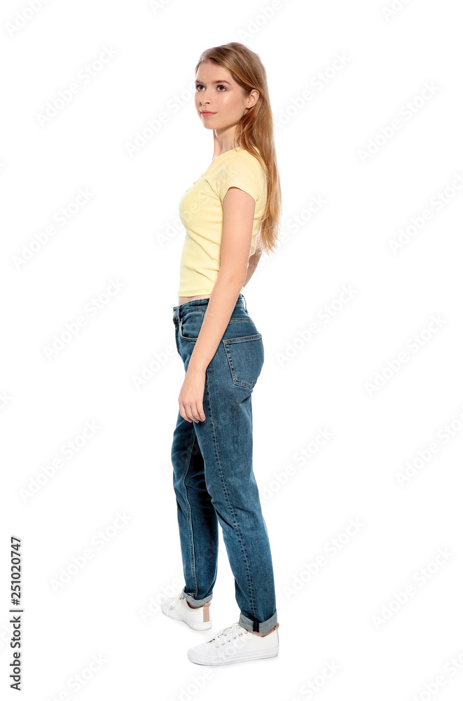 Portrait of beautiful young woman on white background