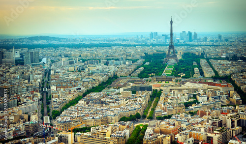Panoramic aerial view Parisian buildings with Eiffel tower and Champ de Mars. © trialartinf
