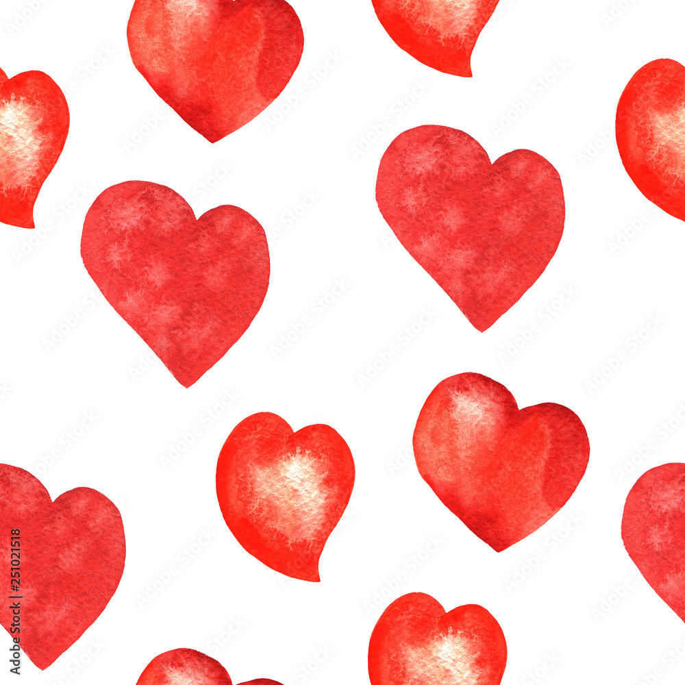 Seamless pattern with big red hearts on white background. Hand drawn watercolor illustration. 