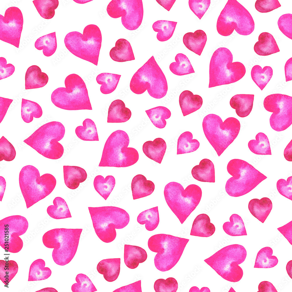 Seamless pattern with bright pink hearts on white background. Valentine`s day design. Hand drawn watercolor illustration. 