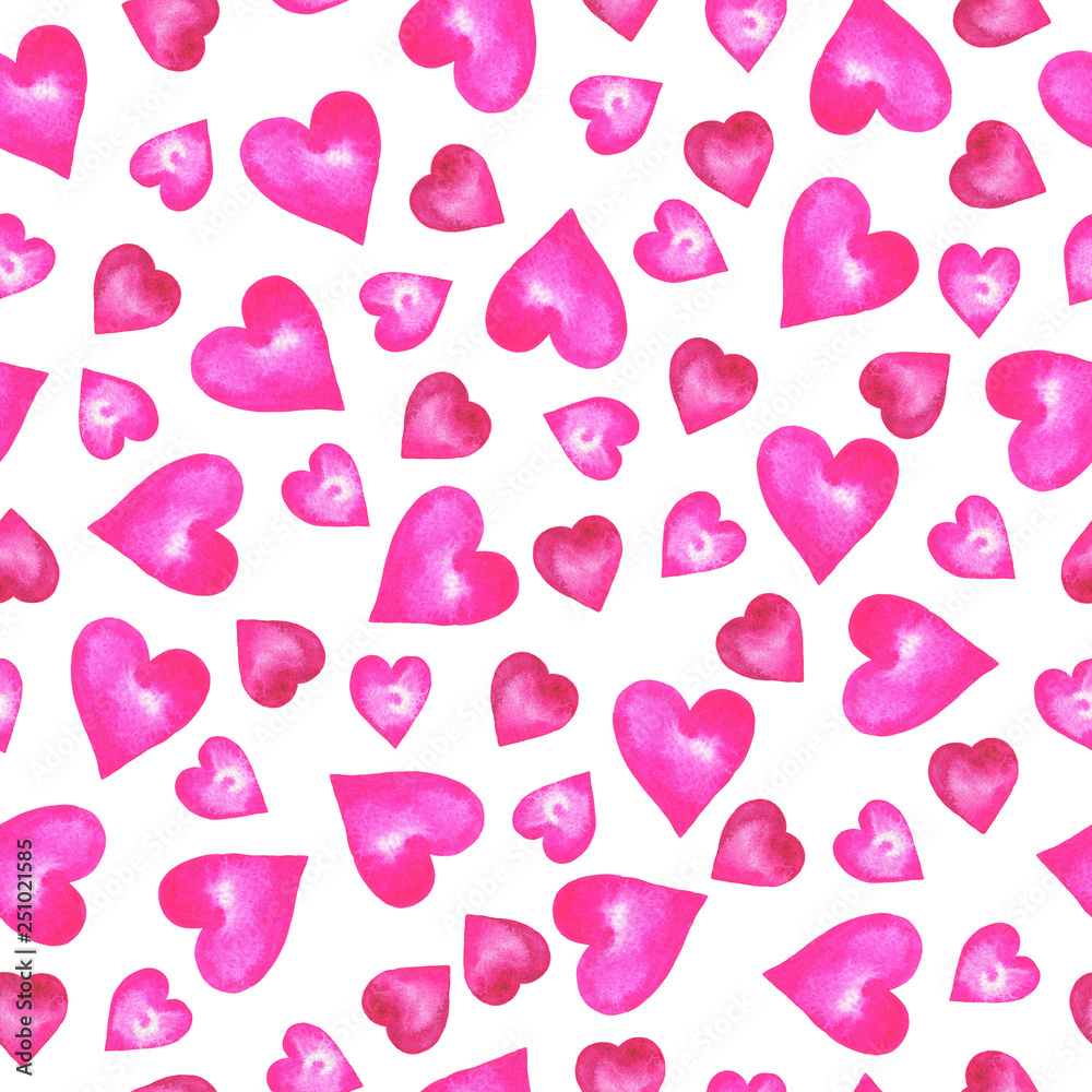 Seamless pattern with bright pink hearts on white background. Valentine`s day design. Hand drawn watercolor illustration. Seamless pattern with bright pink hearts on white background. Valentine`s day design. Hand drawn watercolor illustration.
