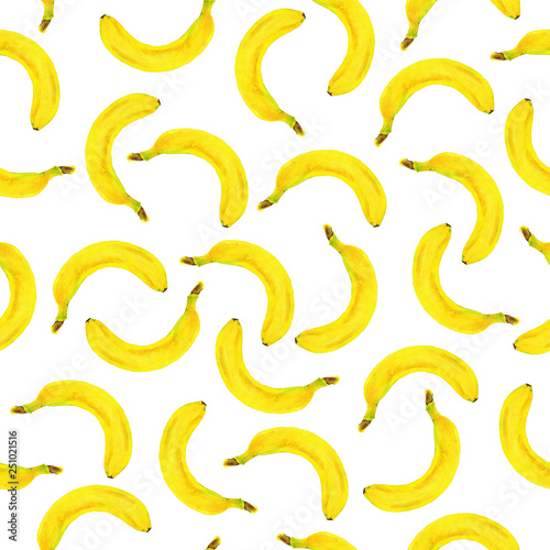 Seamless pattern with yellow bananas on white background. Hand drawn watercolor illustration. 