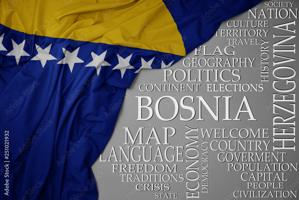 waving colorful national flag of bosnia and herzegovina on a gray background with important words about country