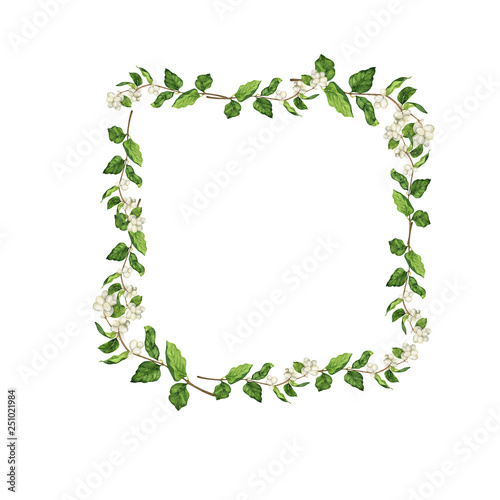 Snowberry branch with green leaves and white berries frame isolated on white background. Hand drawn watercolor illustration.