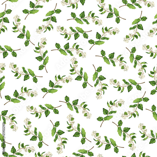 Seamless pattern with fresh snowberry branches on white background. Hand drawn watercolor illustration.
