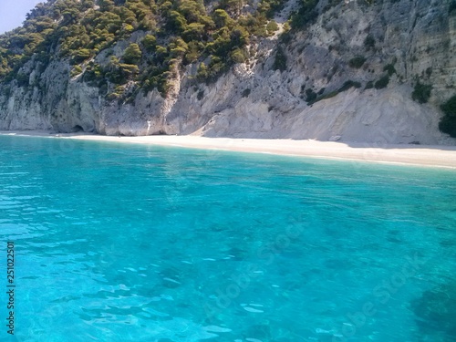 Popular beach of Egremnoi, Lefkada, Greece. View of blue water from sea. 
