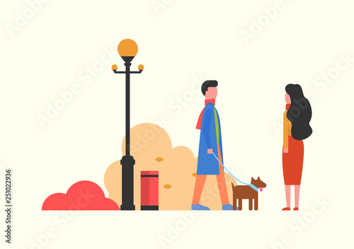 People walking dog in autumn park with bushes vector. Lantern and vegetation of fall season. Man and woman couple with domestic pet on leash strolling