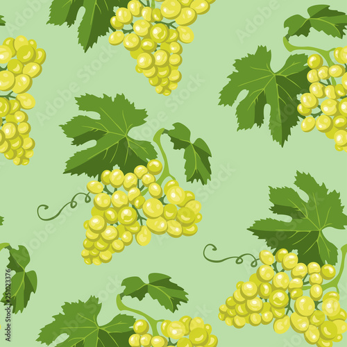 Green grapes seamless pattern. Vector illustration of ripe berries and leaves in cartoon simple flat style.