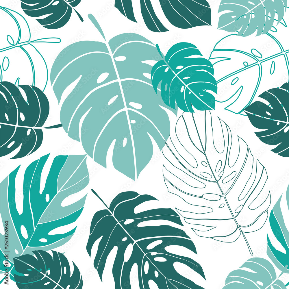 Seamless vector pattern tropical monstera leaves on white - obrazy, fototapety, plakaty 
