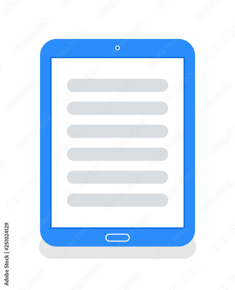 Tablet with lines in flat style vector isolated. E-book with shadow, modern object for using wireless, phone screen. Electronic gadget with text stripes Tablet with lines in flat style vector isolated. E-book with shadow, modern object for using wireless, phone screen. Electronic gadget with text stripes
