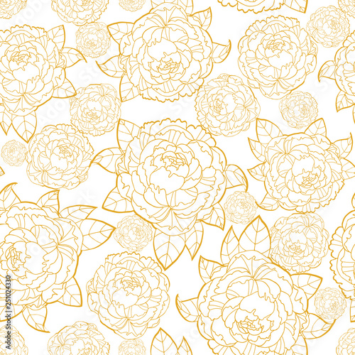 Seamless vector pattern golden line art of peony flowers on white