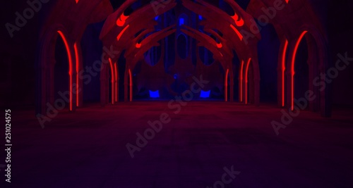 Abstract  Concrete Futuristic Sci-Fi Gothic interior With Red And Blue Glowing Neon Tubes . 3D illustration and rendering.