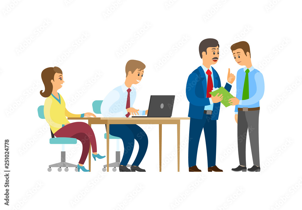 Boss discussing business idea with employee vector. Person typing info on laptop, businessman company owner communicating with team of office workers Boss discussing business idea with employee vector. Person typing info on laptop, businessman company owner communicating with team of office workers