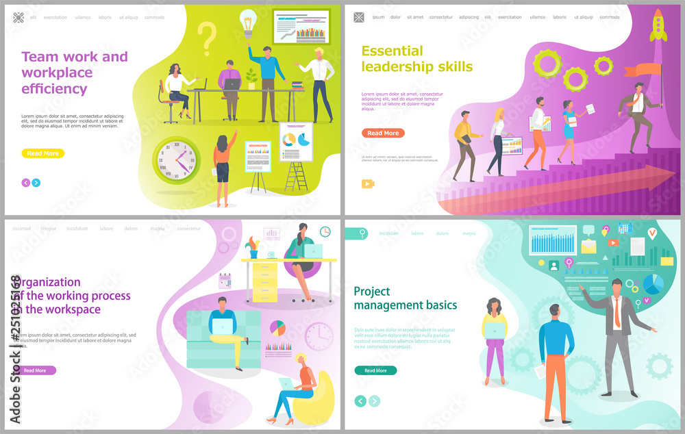 Teamwork and workplace efficiency, essential leadership skills, organization of the working process, project management basics, graphic presentation vector. Website template, landing page flat style