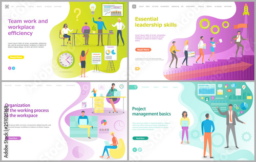 Teamwork and workplace efficiency, essential leadership skills, organization of the working process, project management basics, graphic presentation vector. Website template, landing page flat style