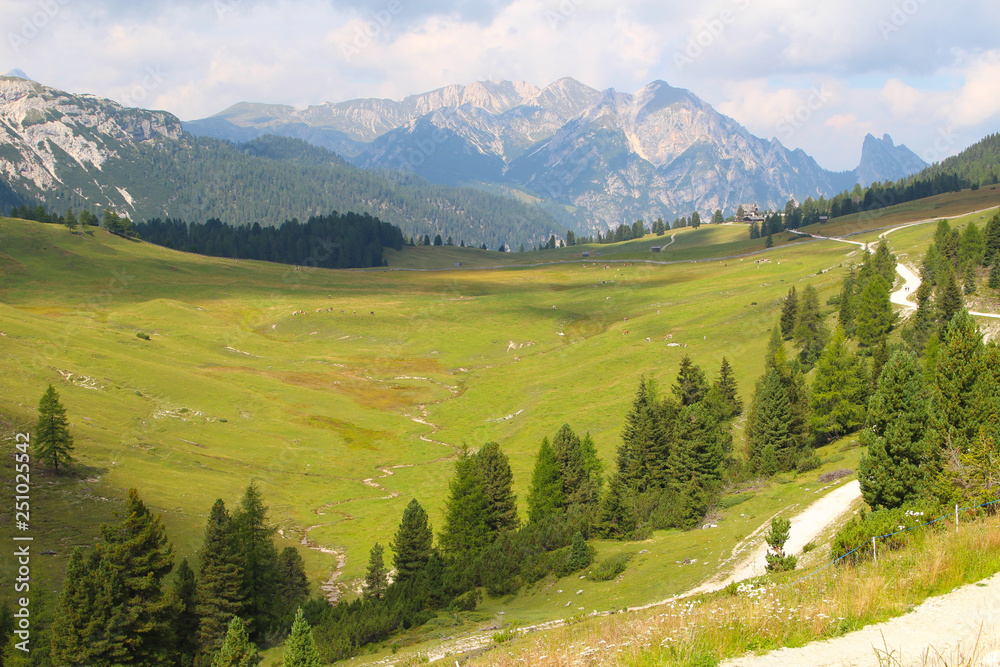 Mountain landscape of the Dolomites, with green pastures and mountain peaks, Dolomites, Italy
