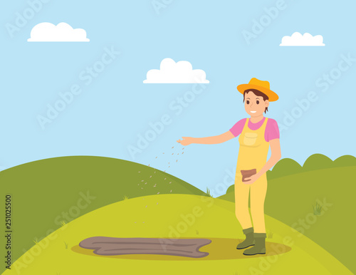 Farmer planting seeds on green field. Woman sowing seeds in ground, plantation of farm surrounded by nature and bushes. Farmland ranch work vector