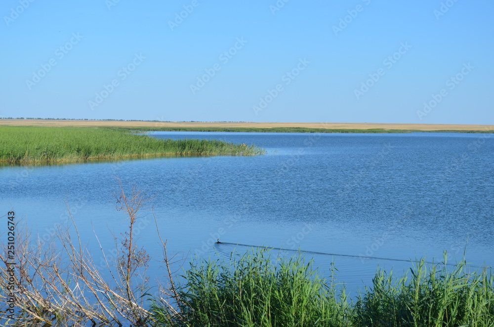 landscape with lake and blue sky