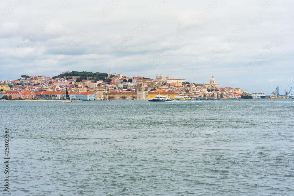 Viewpoint over the river to the attractions of Lisbon. The Pombaline, Lower Town, Alfama and the castle over the city
