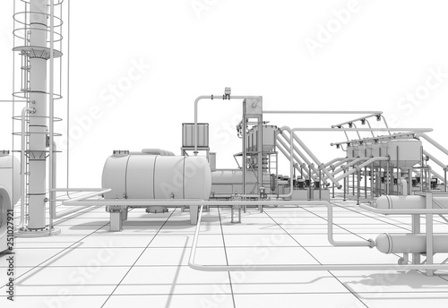 oil refinery, chemical production, waste processing plant, exterior visualization, 3D illustration © vadim_fl