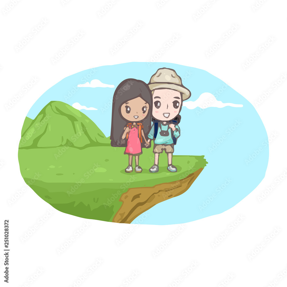 Cute couple moment a guy and a girl holding hand on the mountain and next to the hill